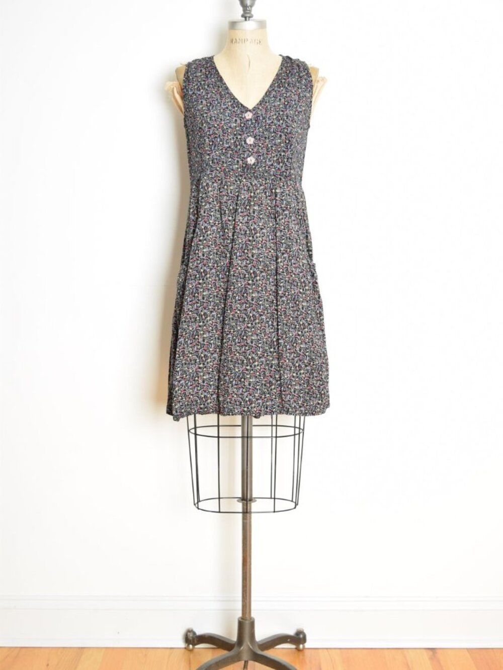vintage 90s babydoll dress black rayon city print grunge mini sundress S